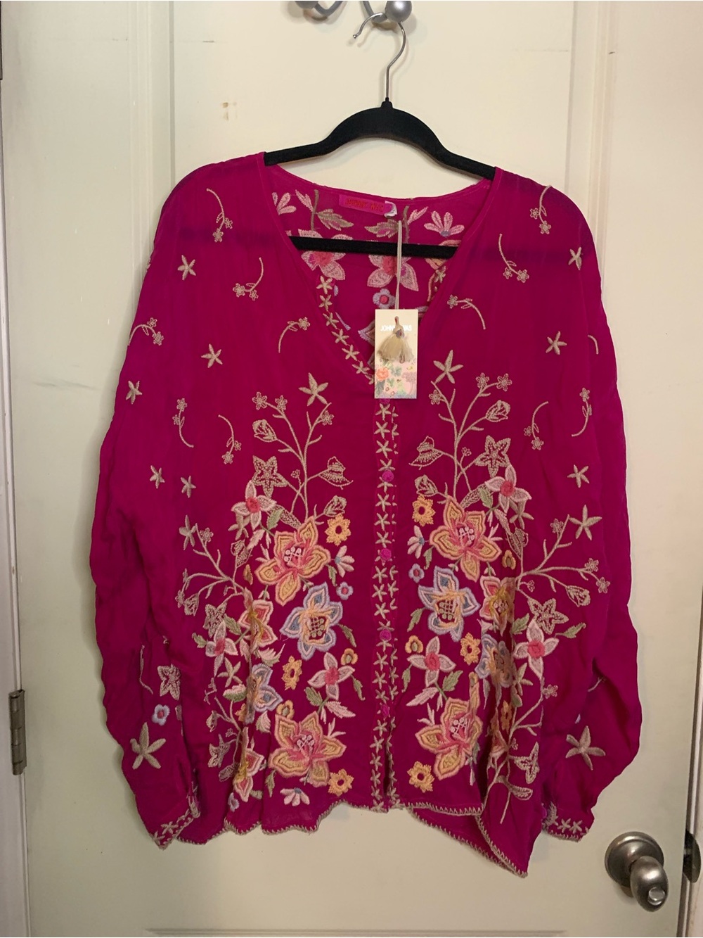NWT Johnny Was Fuchsia Embroidered Floral V-Neck Tunic Boho Top XL